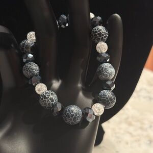 Crackle Agate, Quartz and Rhodium Hematite Bracelet